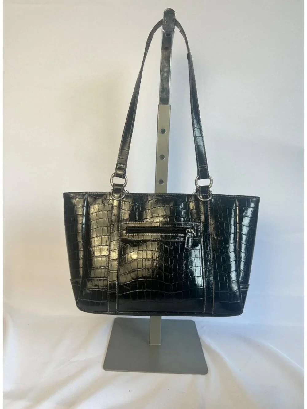 Vintage Faux Leather Crocodile Embossed Shoulder Tote Bag Handbag Black Office